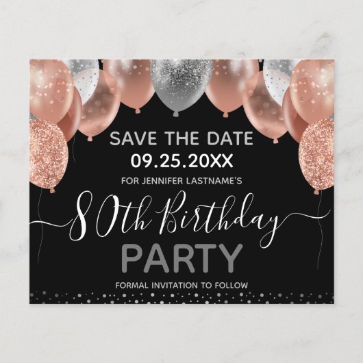 Roze ballonnen 80th Birthday Save the Date (Voorkant)