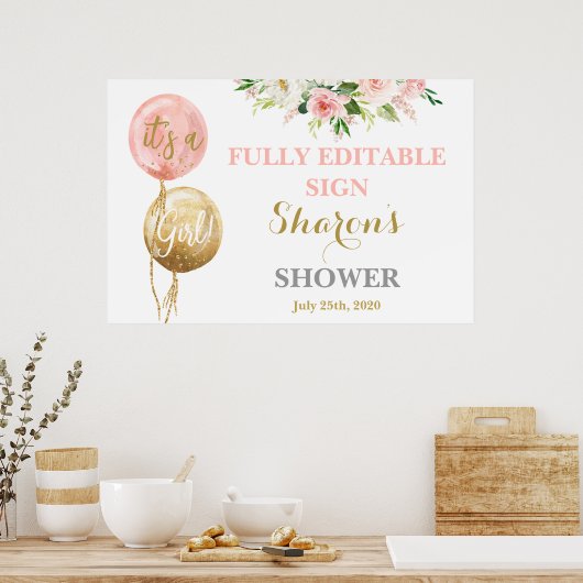 Roze ballonnen baby shower bord poster (Keuken)