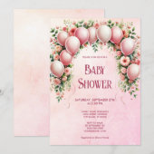 Roze Ballonnen Baby shower Invitation Kaart (Voorkant / Achterkant)
