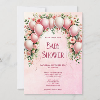 Roze Ballonnen Baby shower Invitation Kaart