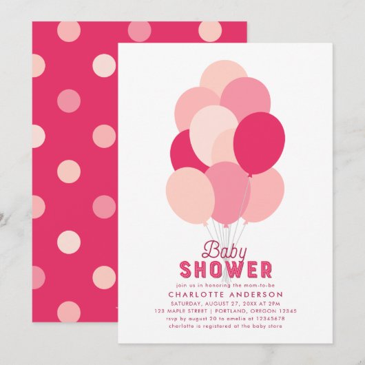 Roze Ballonnen Baby shower Invitation Kaart (Voorkant / Achterkant)
