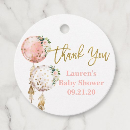 Roze ballonnen baby shower meisje bedankjes labels (Voorkant)