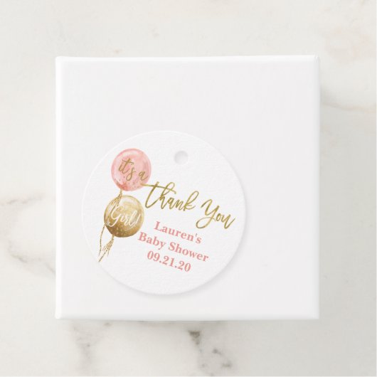 Roze ballonnen baby shower meisje bedankjes labels (In situ)