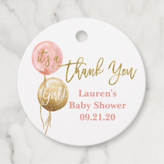 Roze ballonnen baby shower meisje bedankjes labels (Voorkant)