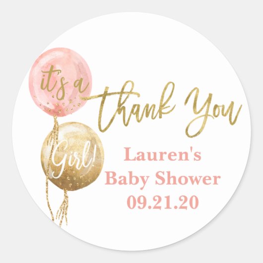 Roze ballonnen baby shower meisje ronde sticker (Voorkant)