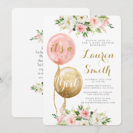 Roze ballonnen baby shower meisje Uitnodiging (Voorkant / Achterkant)