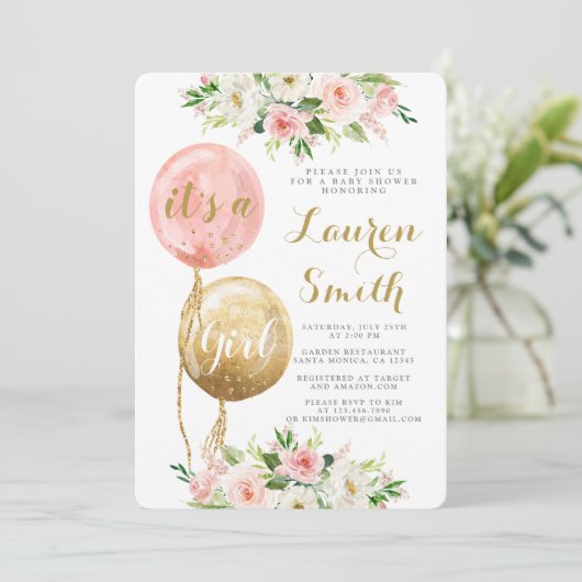 Roze ballonnen baby shower meisje Uitnodiging (Staand voorkant)