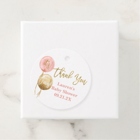 Roze ballonnen baby shower tweelingmeisjes gunt ta bedankjes labels (In situ)