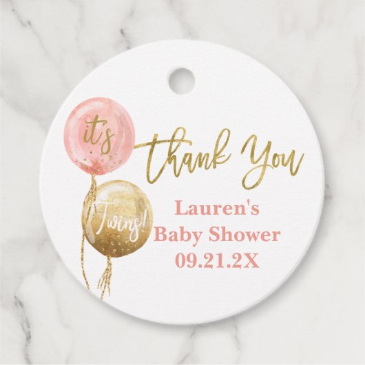 Roze ballonnen baby shower tweelingmeisjes gunt ta bedankjes labels (Voorkant)