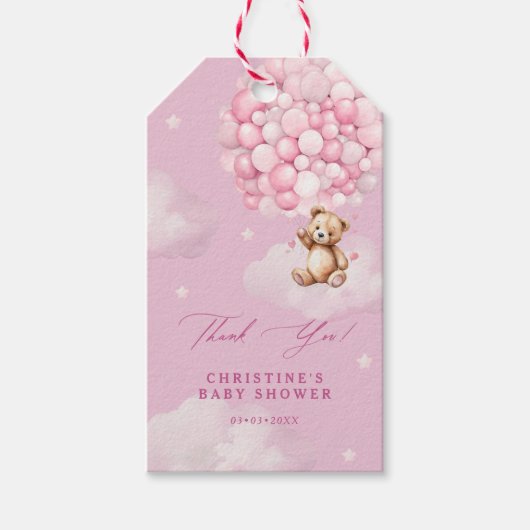 Roze ballonnen Baby Teddy Bear Shower Dank je wel Cadeaulabel (Voorkant)