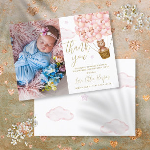 Roze Ballonnen Beer Bedankt Baby Foto Geboorte Aankondigingskaart