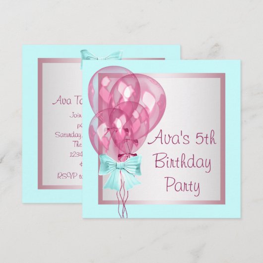 Roze Ballonnen Blauwgroen Blauwe Meisjes Verjaarda Kaart (Voorkant / Achterkant)