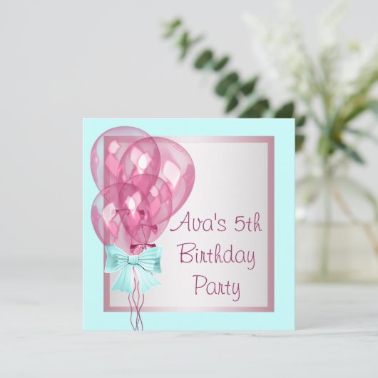 Roze Ballonnen Blauwgroen Blauwe Meisjes Verjaarda Kaart (Staand voorkant)