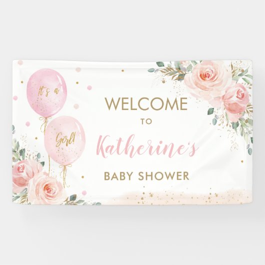 Roze Ballonnen Bloemen Baby shower Welkom Achtergr Spandoek (Horizontaal)