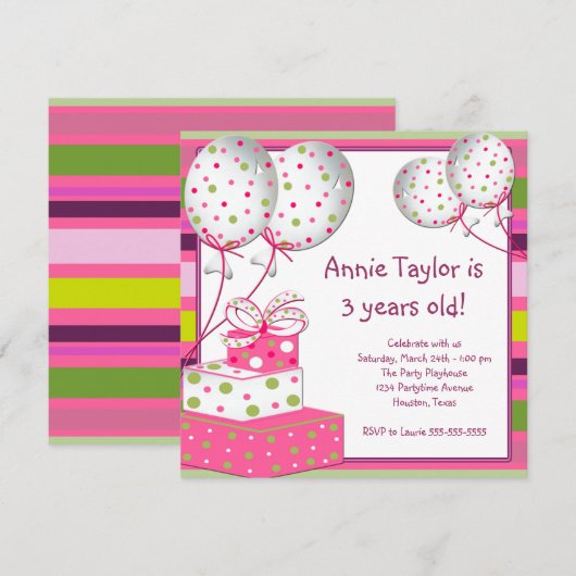 Roze Ballonnen Cadeaus Meisjes 3e Verjaardagsfeest Kaart (Voorkant / Achterkant)