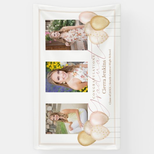 Roze Ballonnen Drie foto's Kalligrafie Afstuderen Spandoek (Verticaal)