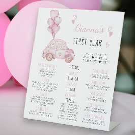 Roze Ballonnen en Auto 1e Verjaardag Mijlpaal teke Reclamebord Met Voetstuk