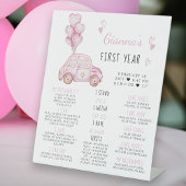 Roze Ballonnen en Auto 1e Verjaardag Mijlpaal teke Reclamebord Met Voetstuk