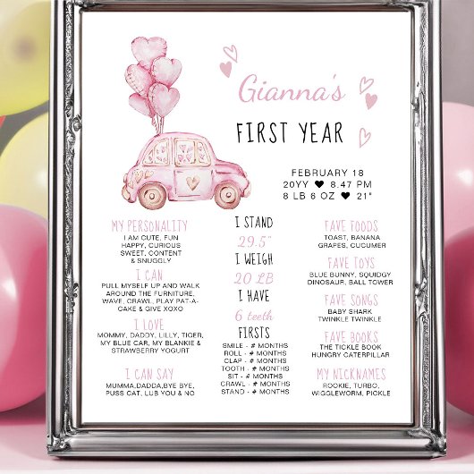 Roze Ballonnen en Auto 1e Verjaardag Milestone Poster