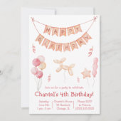 Roze ballonnen en Banner Birthday Party Kaart (Voorkant)
