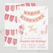 Roze ballonnen en Banner Birthday Party Kaart (Voorkant / Achterkant)