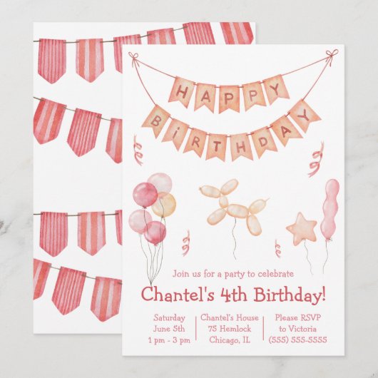 Roze ballonnen en Banner Birthday Party Kaart (Voorkant / Achterkant)