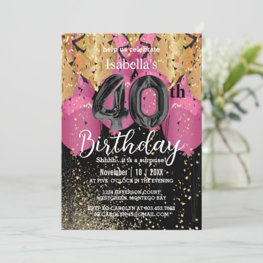 Roze Ballonnen en Glitter 40e verjaardag Kaart (Staand voorkant)