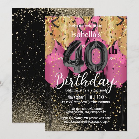 Roze Ballonnen en Glitter 40e verjaardag Kaart (Voorkant / Achterkant)