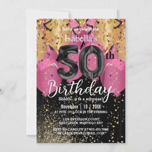 Roze Ballonnen en Glitter 50ste verjaardag Kaart (Voorkant)