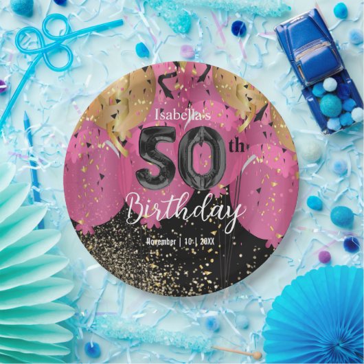 Roze Ballonnen en Glitter 50ste verjaardag Papieren Bordje (Feest)