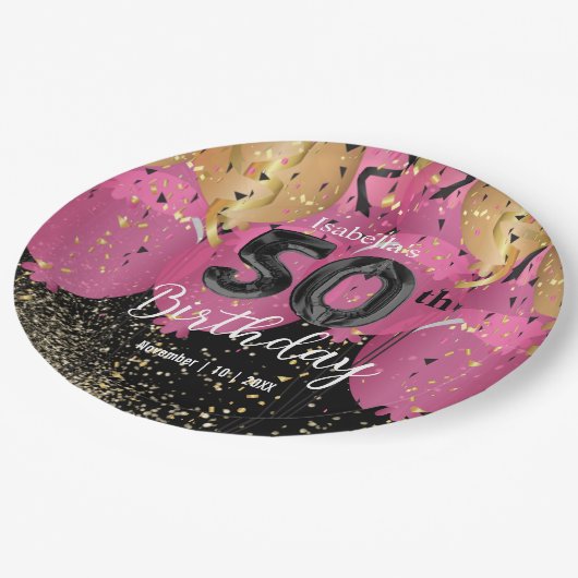 Roze Ballonnen en Glitter 50ste verjaardag Papieren Bordje (Gekanteld)