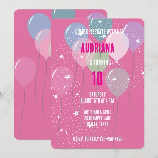 Roze ballonnen en sterren Verjaardag Kaart (Voorkant / Achterkant)