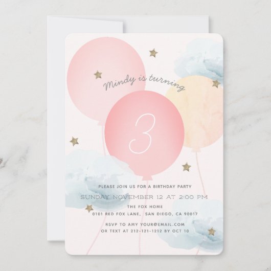 Roze ballonnen en wolken uitnodiging van de Birthd (Voorkant)