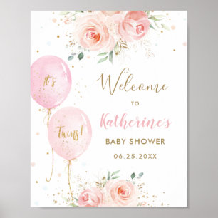 Roze ballonnen Floral Twins Baby shower Welkom Poster