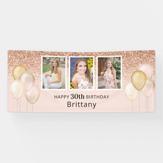Roze ballonnen Foto 30th Glitter Birthday Banner (Horizontaal)