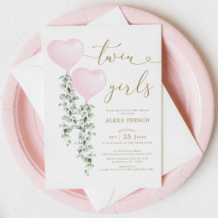 Roze ballonnen Greenery Twin Girls SweeLiege Baby Kaart