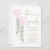 Roze ballonnen Greenery Twin Girls SweeLiege Baby Kaart (Voorkant)