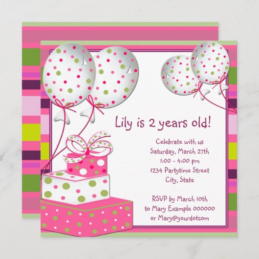 Roze Ballonnen Meisjes Roze en Groene Verjaardagsf Kaart (Voorkant / Achterkant)