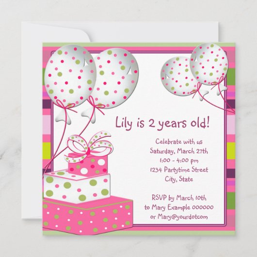 Roze Ballonnen Meisjes Roze en Groene Verjaardagsf Kaart (Voorkant)