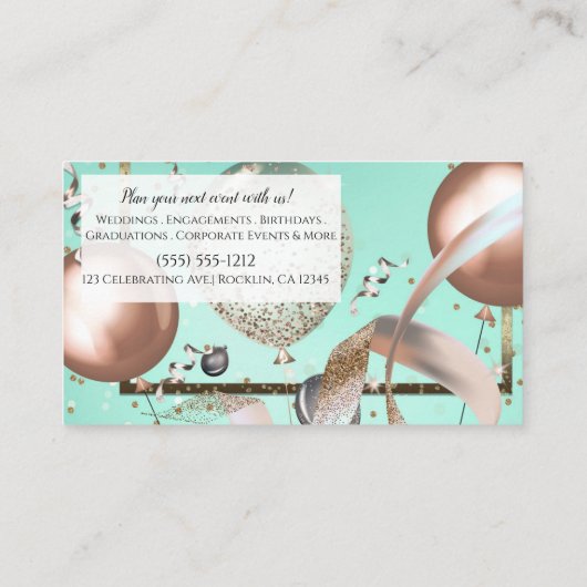 Roze Ballonnen Mint Turquoise Feest Planner Visitekaartje (Achterkant)