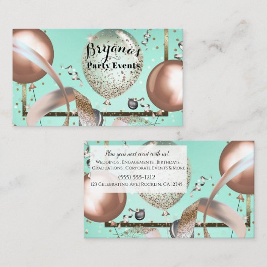 Roze Ballonnen Mint Turquoise Feest Planner Visitekaartje (Voorkant / Achterkant)