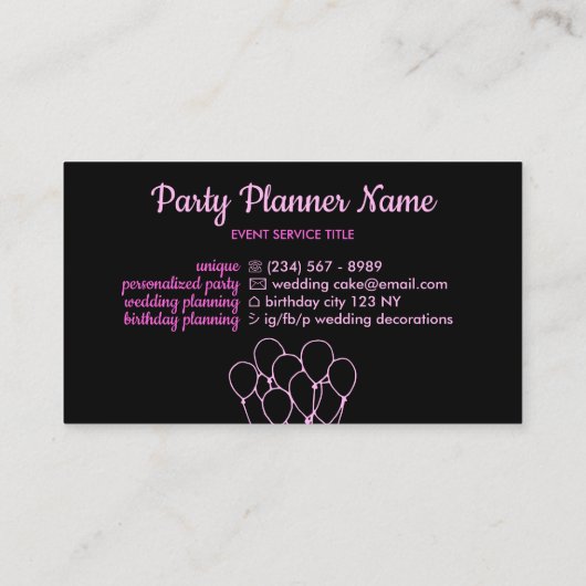 Roze ballonnen op Black Event Planner Visitekaartje (Achterkant)