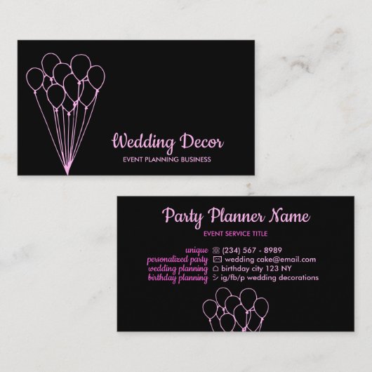 Roze ballonnen op Black Event Planner Visitekaartje (Voorkant / Achterkant)