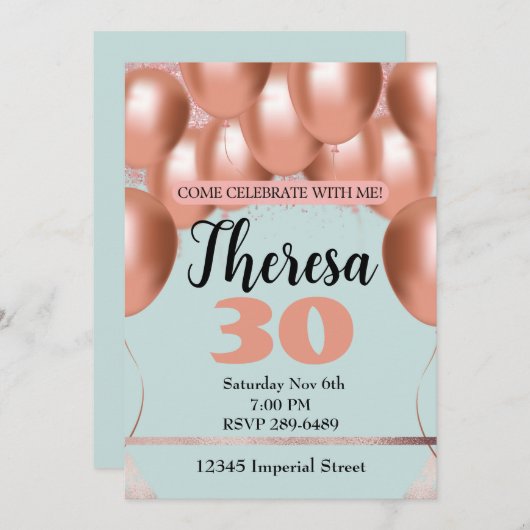 Roze ballonnen op het lichtblauwe verjaardagsfeest kaart (Voorkant / Achterkant)