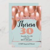 Roze ballonnen op lichtblauwe verjaardagsfeestje v kaart (Voorkant / Achterkant)