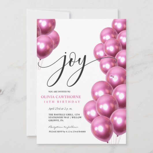 Roze Ballonnen Roze 16e Joy Happy Birthday Kaart (Voorkant)