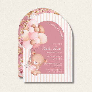Roze Ballonnen, Strepen & Bloei Baby Shower Boog Kaart