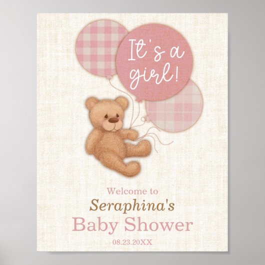 Roze ballonnen Teddy Bear Baby shower Welkom Poster (Voorkant)