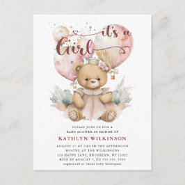 Roze ballonnen Teddy Bear Bloemen Meisje Baby show Uitnodiging Briefkaart