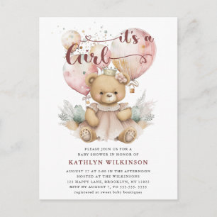 Roze ballonnen Teddy Bear Bloemen Meisje Baby show Uitnodiging Briefkaart